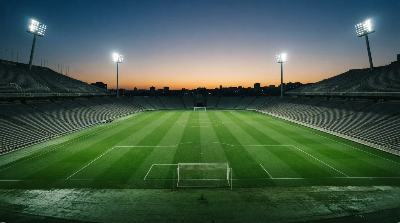 Een leeg voetbalstadion met lichtmasten bij schemering