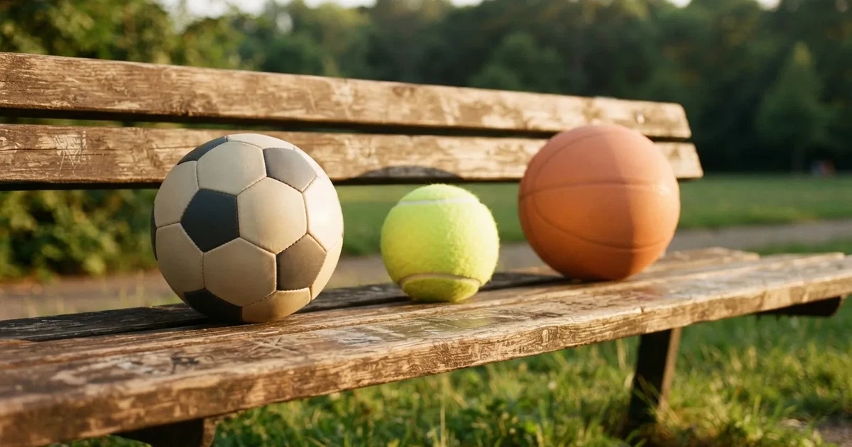 Drie ballen van verschillende soorten naast elkaar op een houten bank