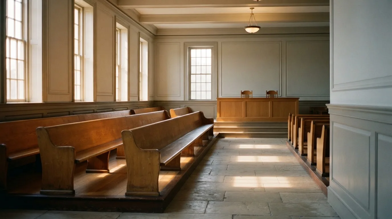 Een lege rechtszaal met houten banken in het ochtendlicht
