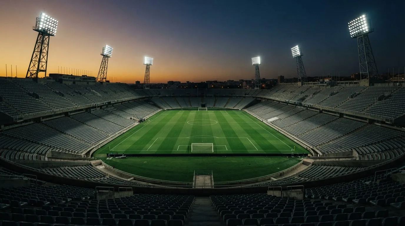 Een leeg voetbalstadion met lichtmasten bij schemering