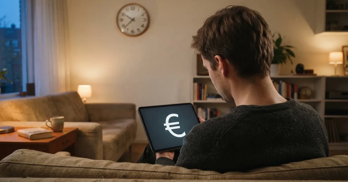 Een persoon op de bank kijkt peinzend naar een tablet, op de achtergrond een klok aan de muur