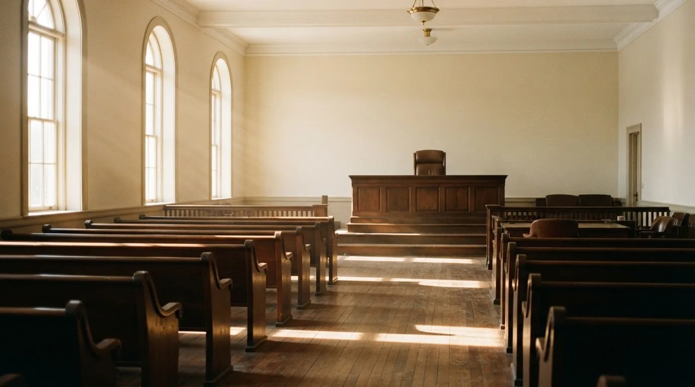 Een lege rechtszaal met houten banken in het ochtendlicht