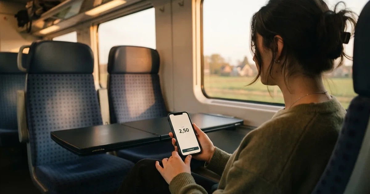 Een hand houdt een smartphone vast in de trein, het scherm van de camera afgewend