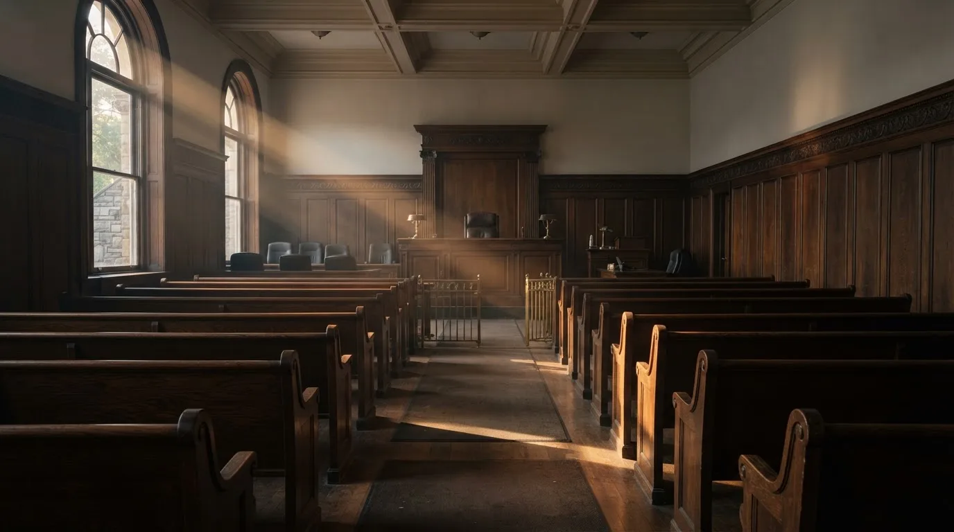 Een lege rechtszaal met houten banken in het ochtendlicht