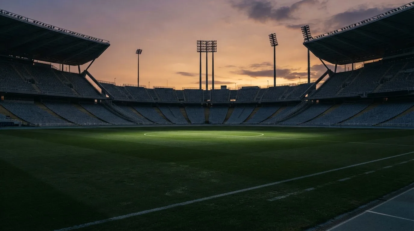 Een leeg voetbalstadion met lichtmasten bij schemering