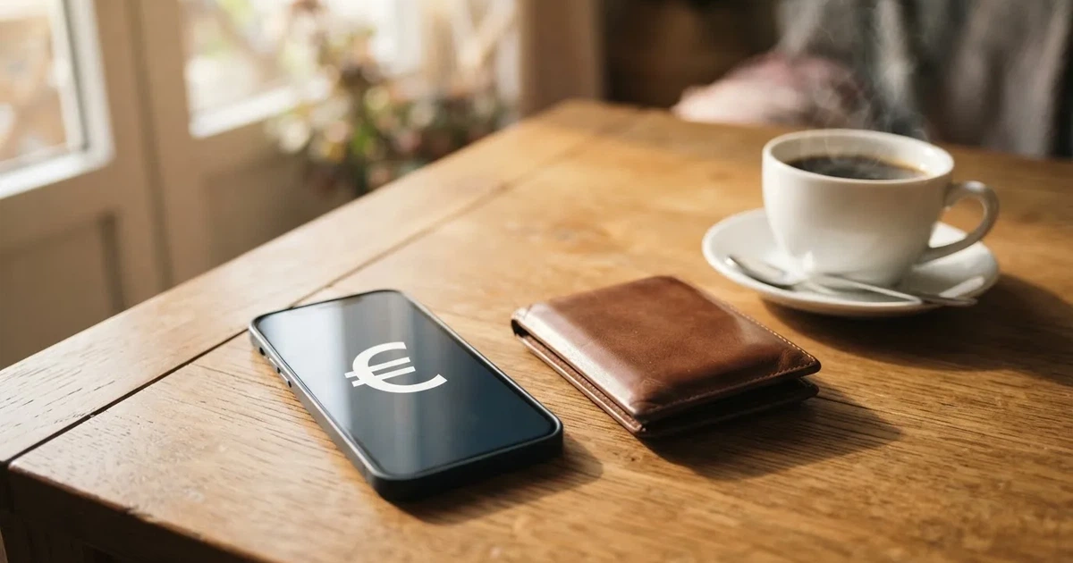 Een smartphone op een houten tafel naast een portemonnee en een kopje koffie