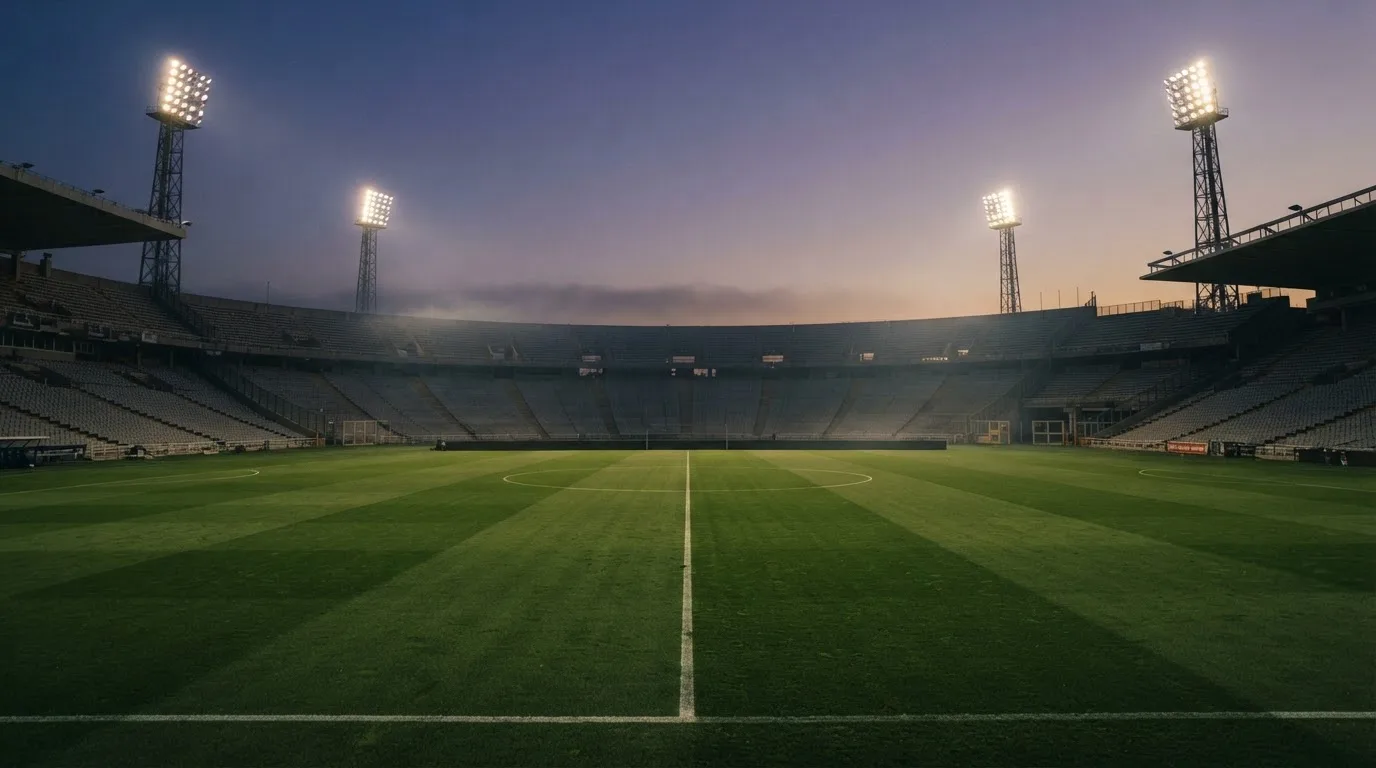 Een leeg voetbalstadion met lichtmasten bij schemering
