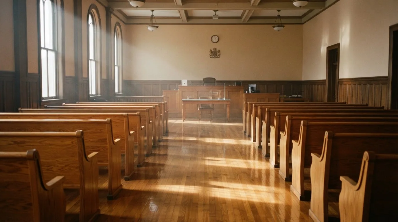 Een lege rechtszaal met houten banken in het ochtendlicht