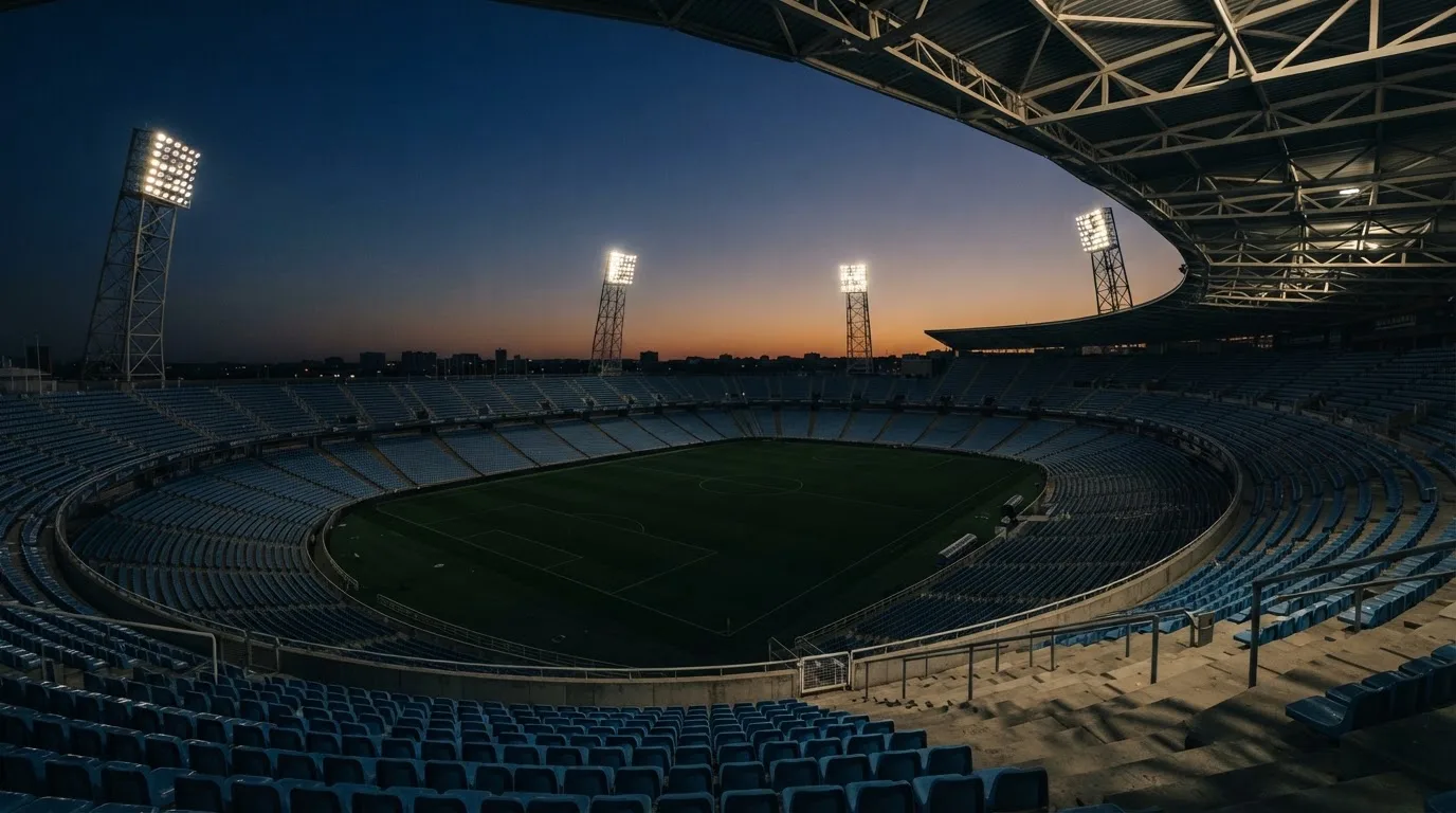 Een leeg voetbalstadion met lichtmasten bij schemering