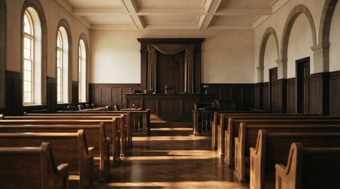 Een lege rechtszaal met houten banken in het ochtendlicht