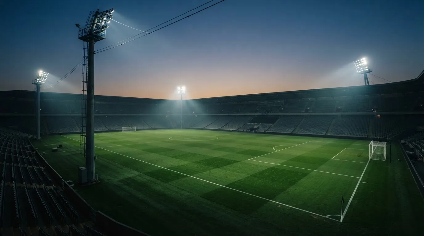 Een leeg voetbalstadion met lichtmasten bij schemering