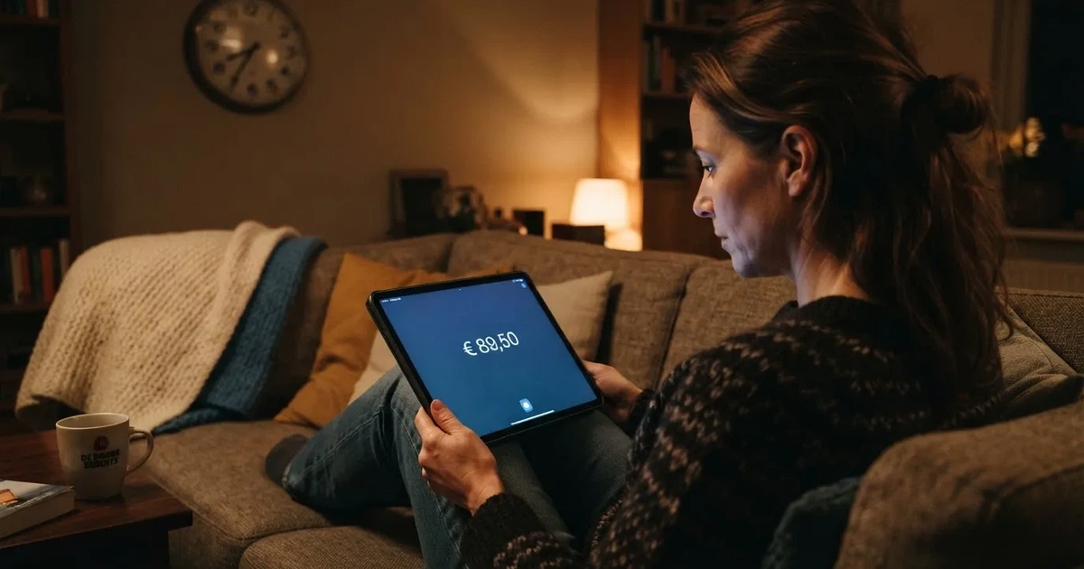 Een persoon op de bank kijkt peinzend naar een tablet, op de achtergrond een klok aan de muur