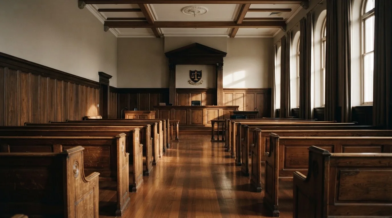 Een lege rechtszaal met houten banken in het ochtendlicht