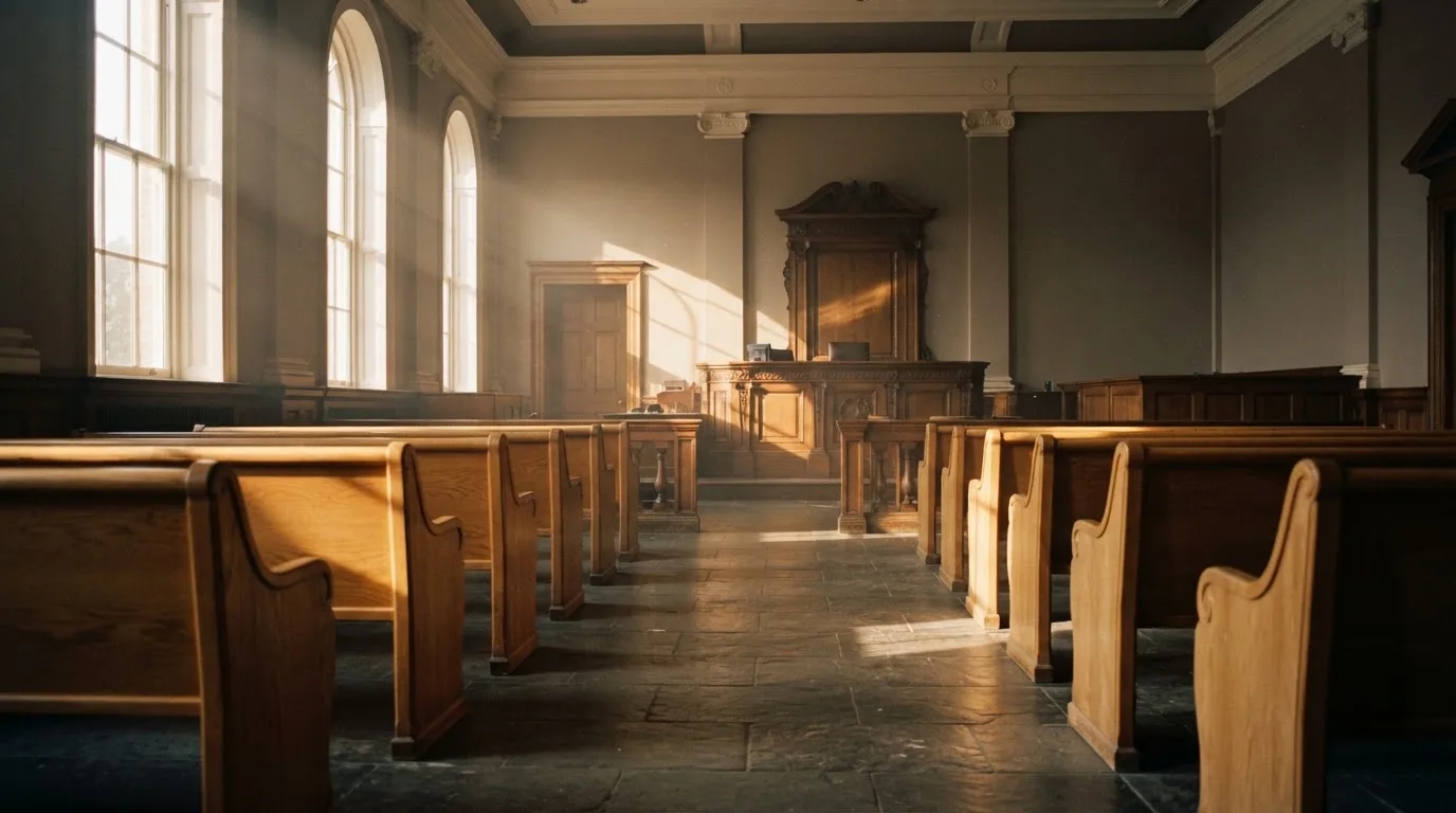 Een lege rechtszaal met houten banken in het ochtendlicht