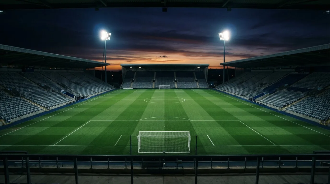 Een leeg voetbalstadion met lichtmasten bij schemering