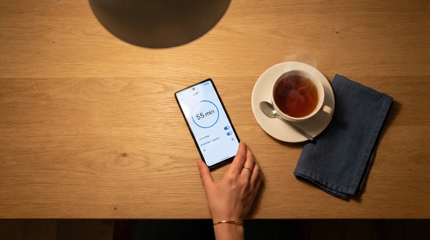 Een hand legt een smartphone naast een kopje thee op een keukentafel, een rustige avond