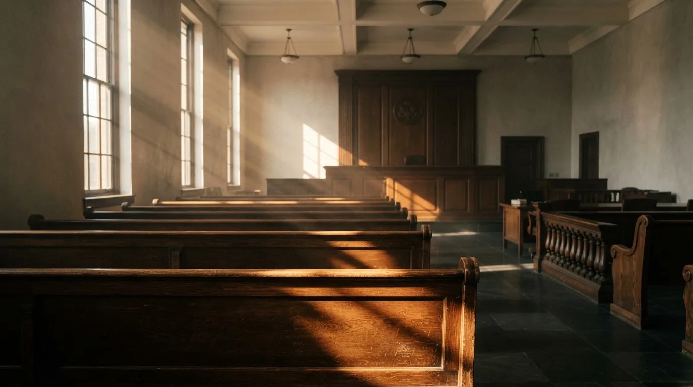 Een lege rechtszaal met houten banken in het ochtendlicht