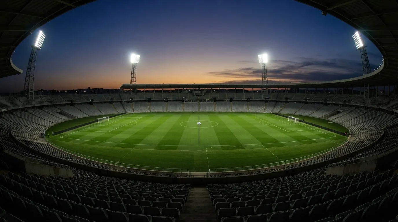 Een leeg voetbalstadion met lichtmasten bij schemering