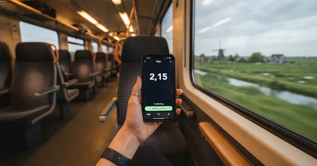 Een hand houdt een smartphone vast in de trein, het scherm van de camera afgewend
