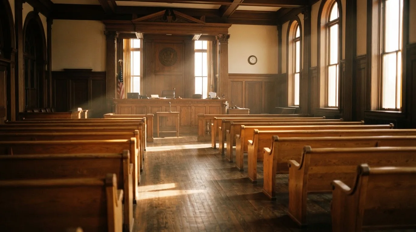Een lege rechtszaal met houten banken in het ochtendlicht