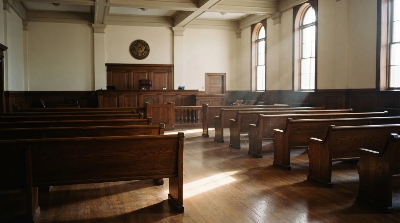 Een lege rechtszaal met houten banken in het ochtendlicht