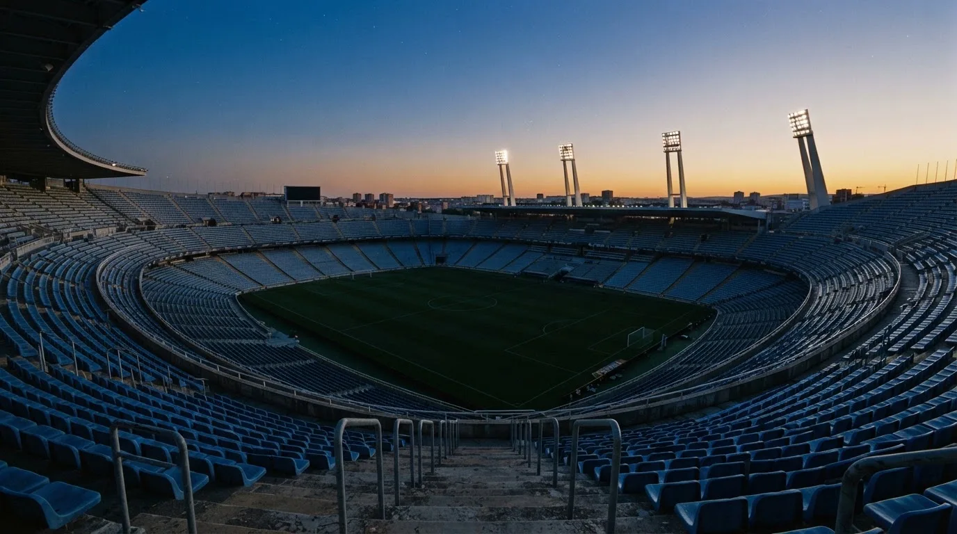 Een leeg voetbalstadion met lichtmasten bij schemering