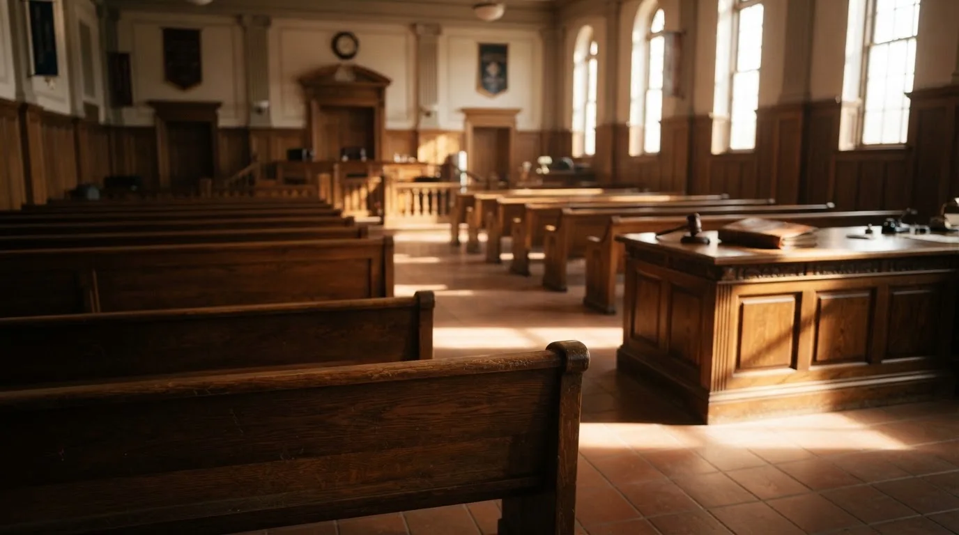 Een lege rechtszaal met houten banken in het ochtendlicht