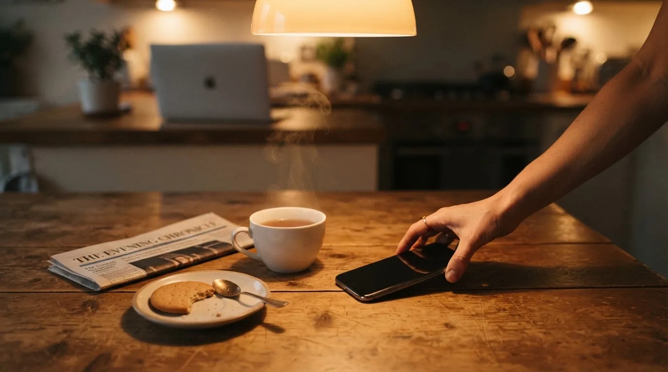 Een hand legt een smartphone naast een kopje thee op een keukentafel, een rustige avond
