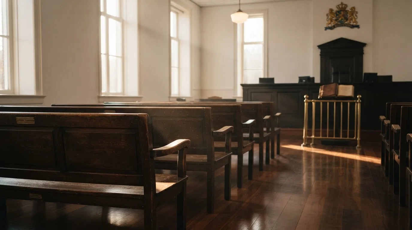 Een lege rechtszaal met houten banken in het ochtendlicht
