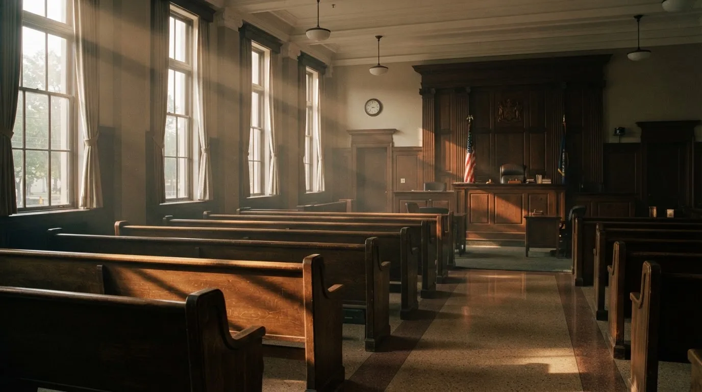 Een lege rechtszaal met houten banken in het ochtendlicht
