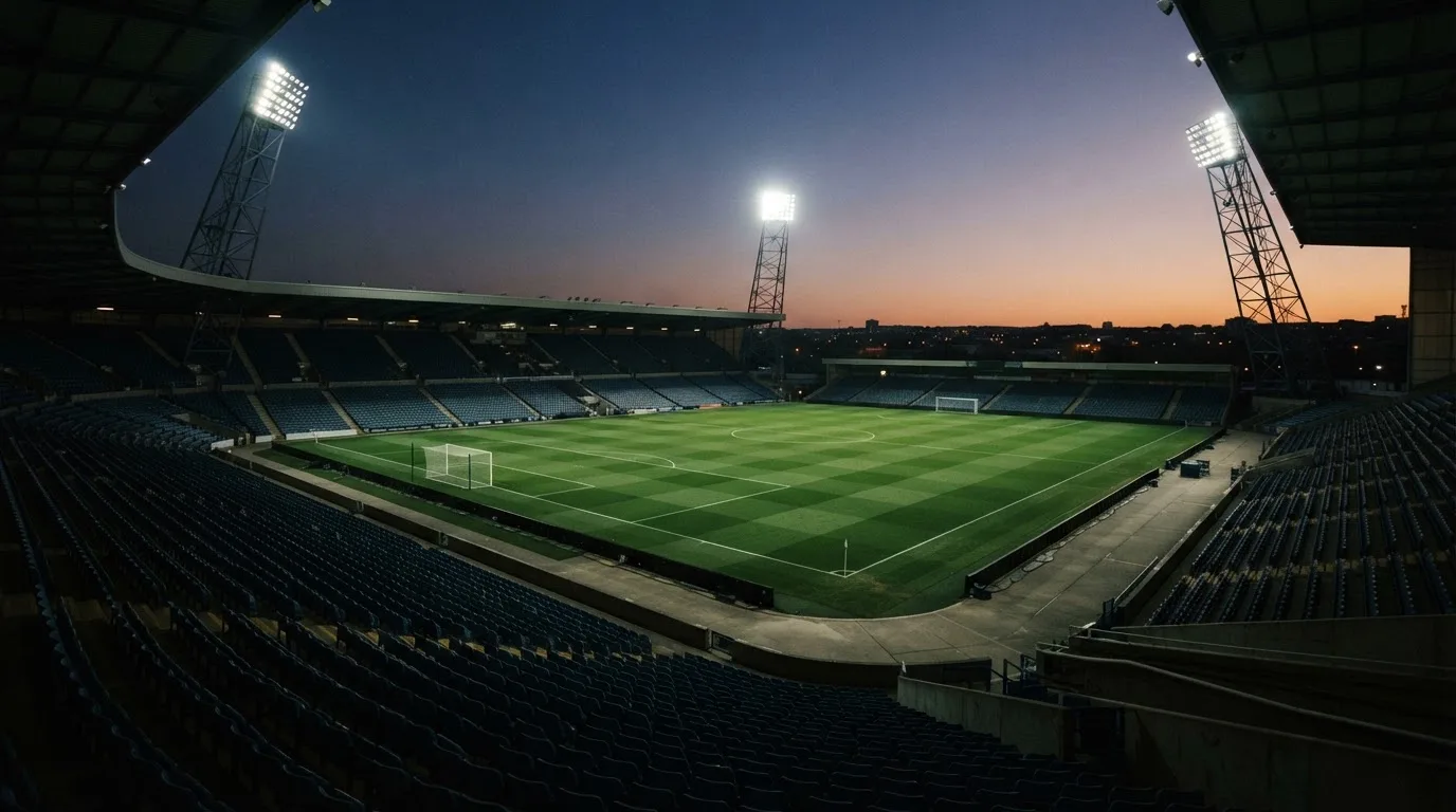 Een leeg voetbalstadion met lichtmasten bij schemering