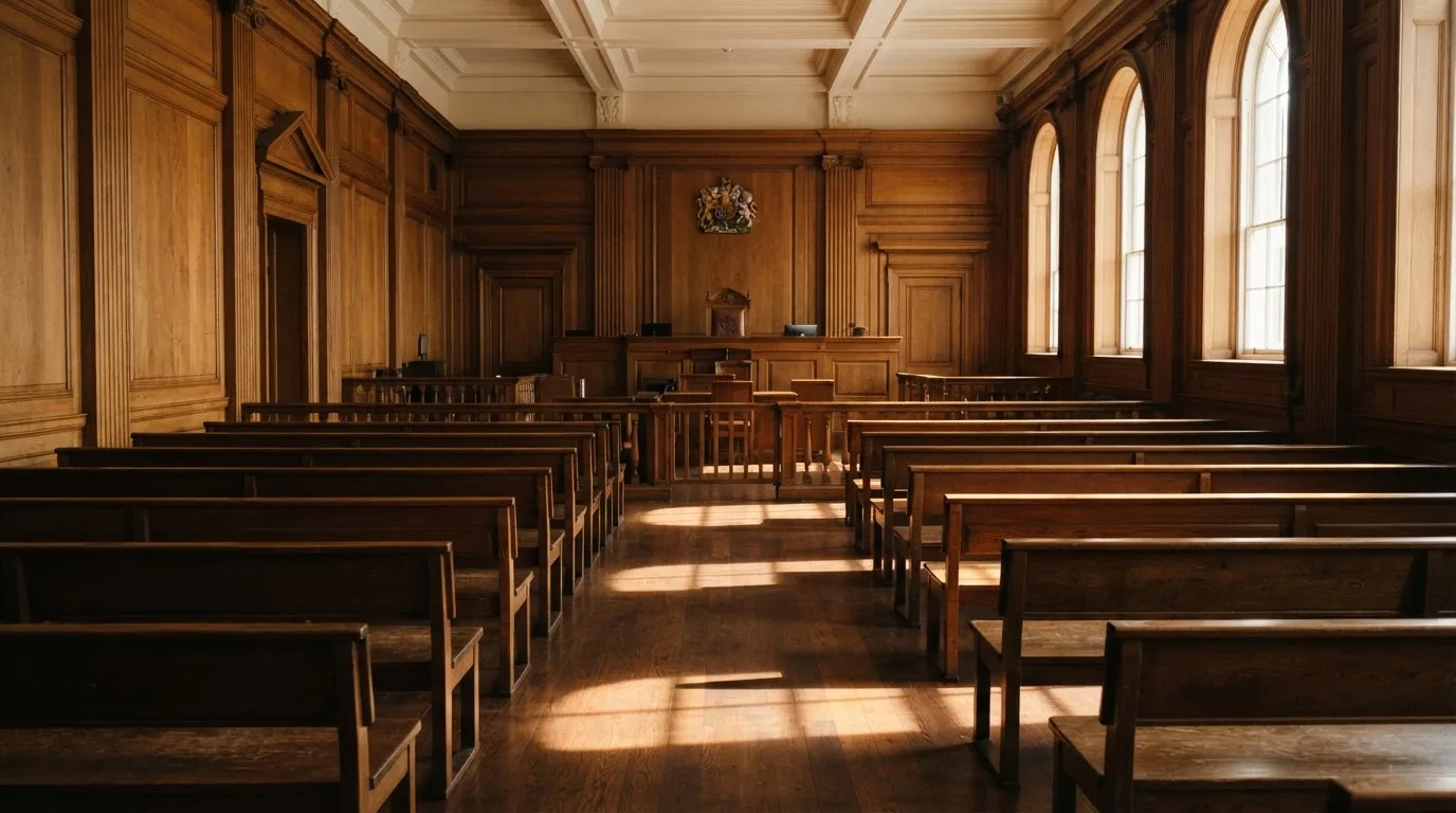 Een lege rechtszaal met houten banken in het ochtendlicht