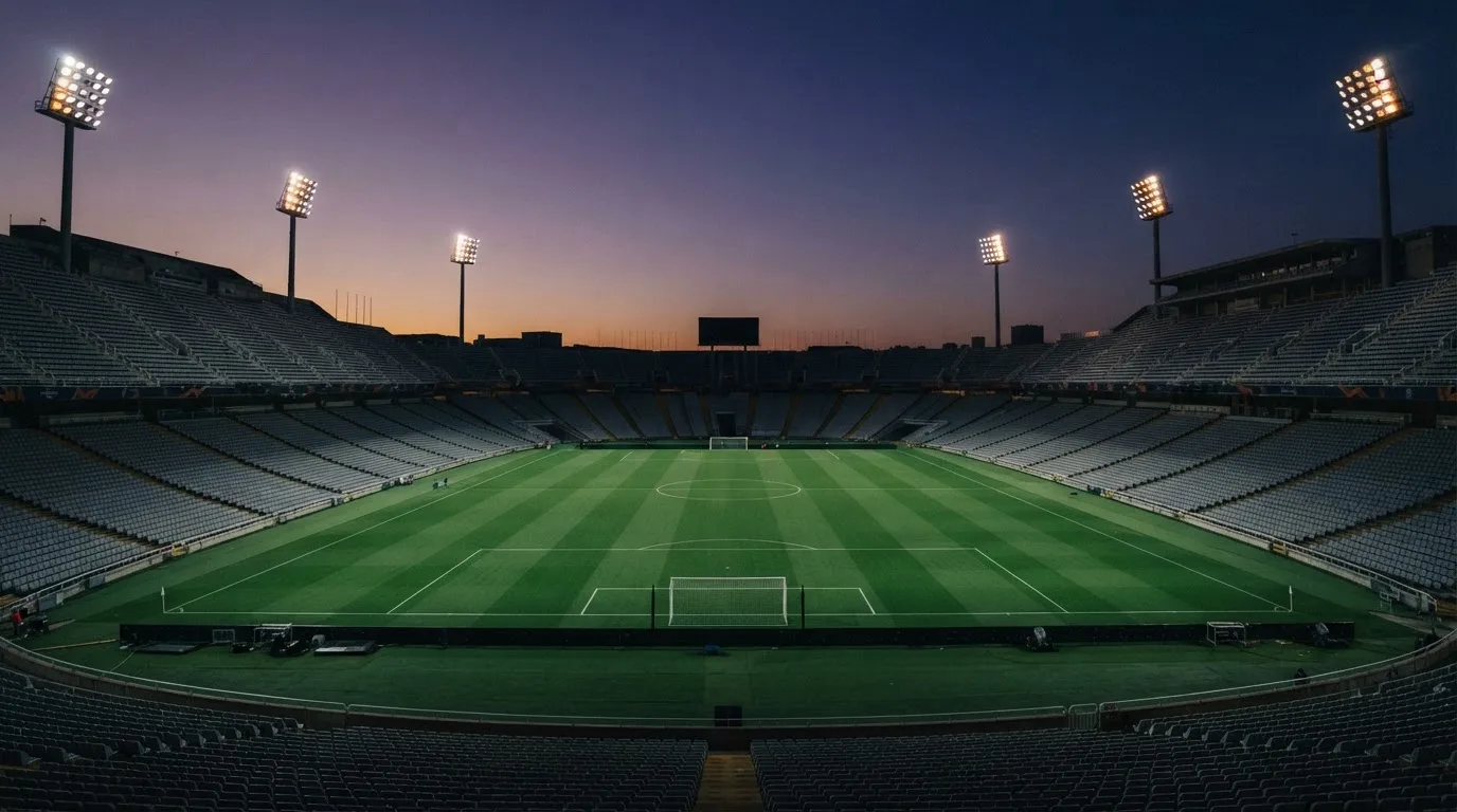 Een leeg voetbalstadion met lichtmasten bij schemering