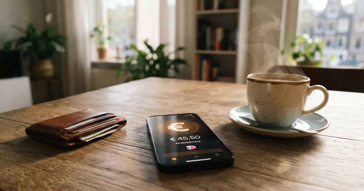 Een smartphone op een houten tafel naast een portemonnee en een kopje koffie