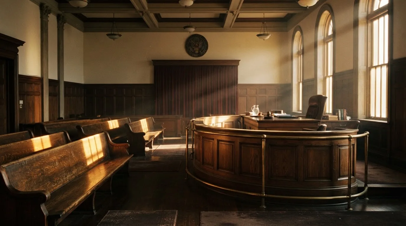 Een lege rechtszaal met houten banken in het ochtendlicht