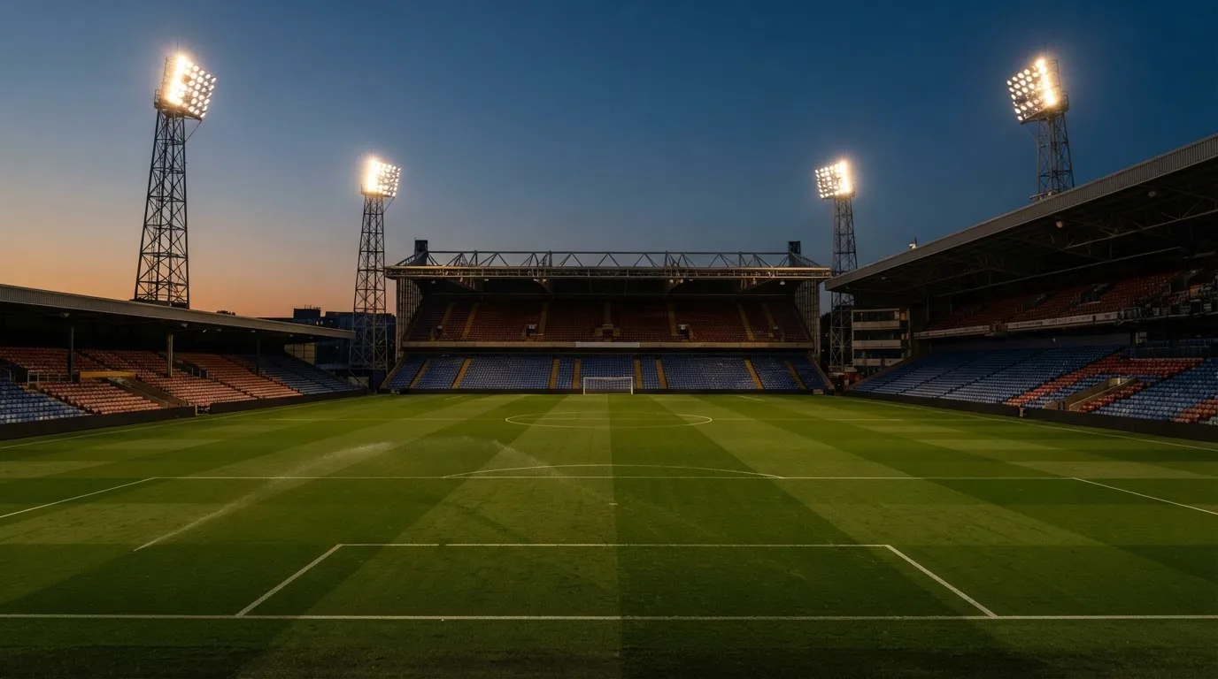Een leeg voetbalstadion met lichtmasten bij schemering