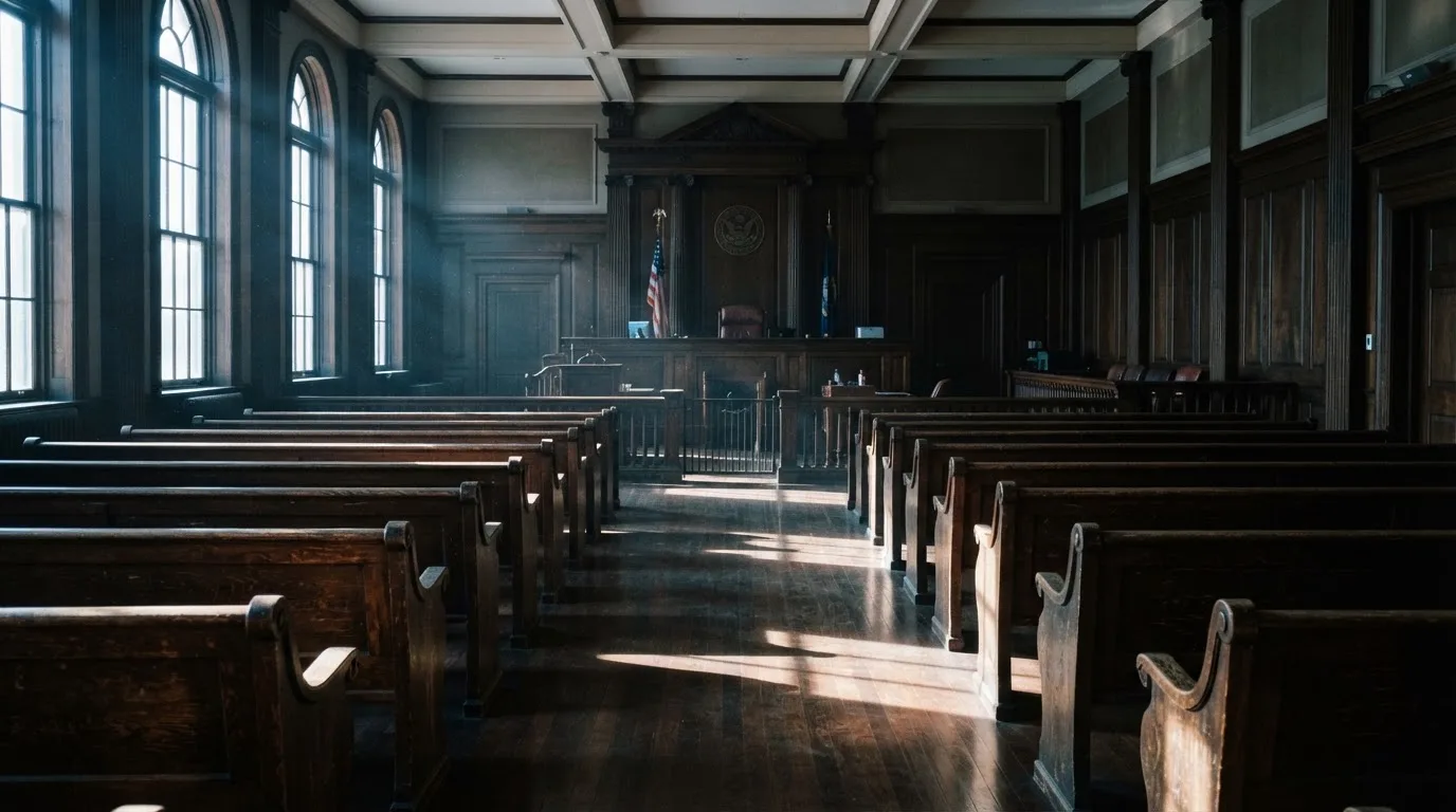 Een lege rechtszaal met houten banken in het ochtendlicht