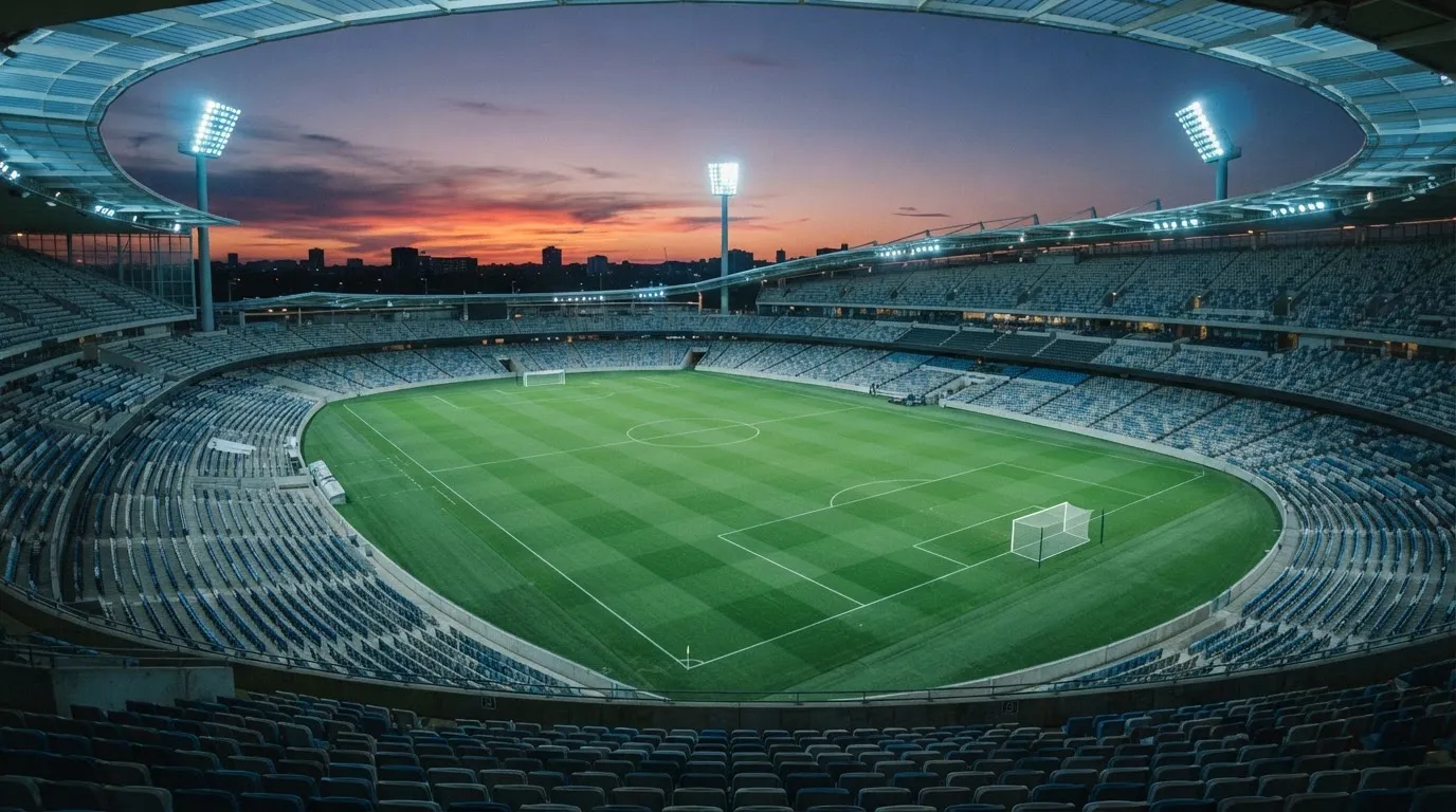 Een leeg voetbalstadion met lichtmasten bij schemering