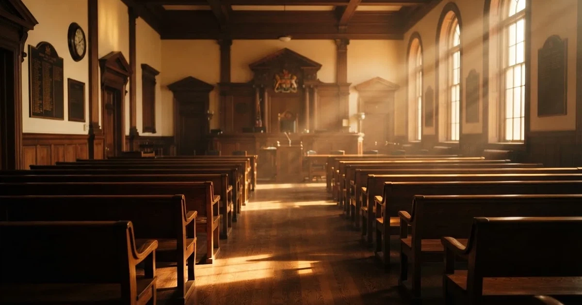Een lege rechtszaal met houten banken in het ochtendlicht
