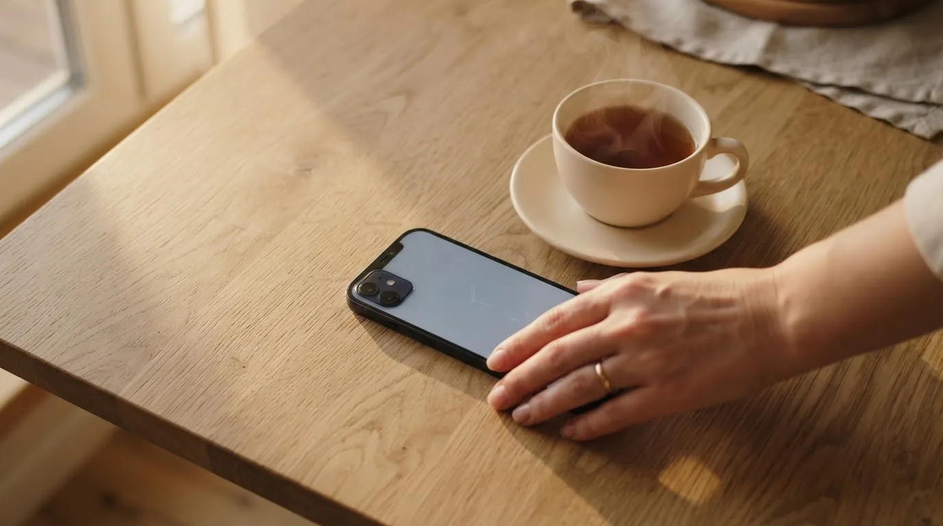 Een hand legt een smartphone naast een kopje thee op een keukentafel, een rustige avond