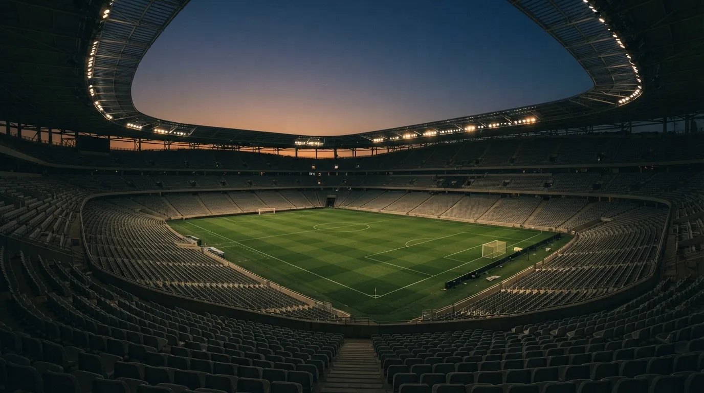 Een leeg voetbalstadion met lichtmasten bij schemering