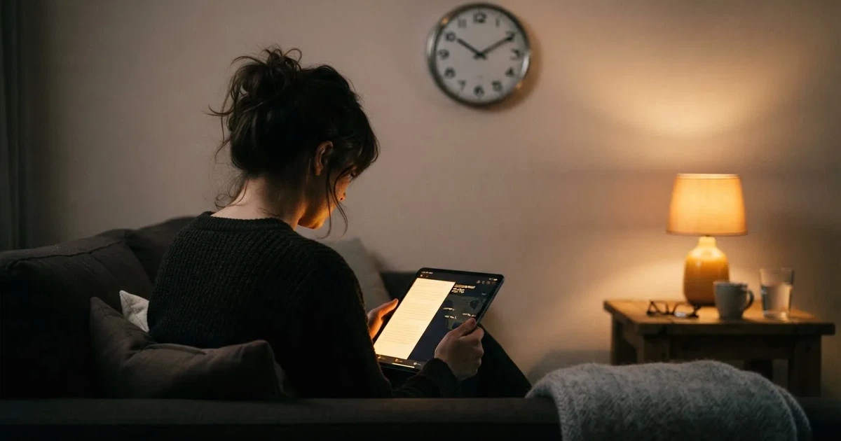 Een persoon op de bank kijkt peinzend naar een tablet, op de achtergrond een klok aan de muur