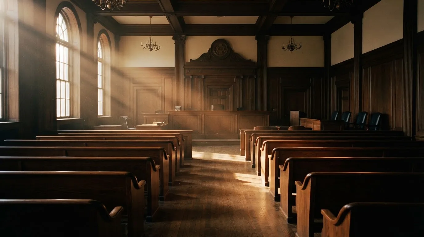 Een lege rechtszaal met houten banken in het ochtendlicht