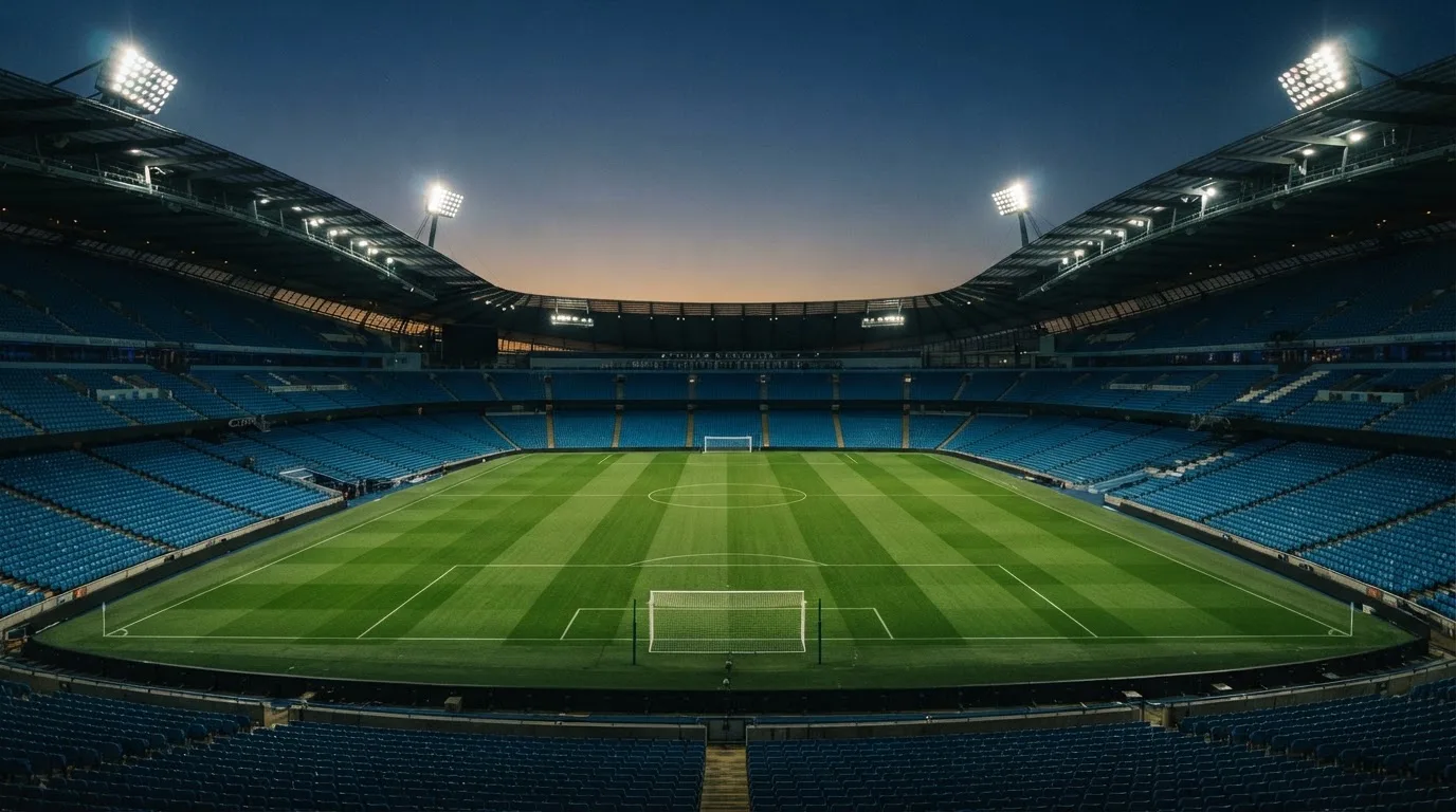 Een leeg voetbalstadion met lichtmasten bij schemering