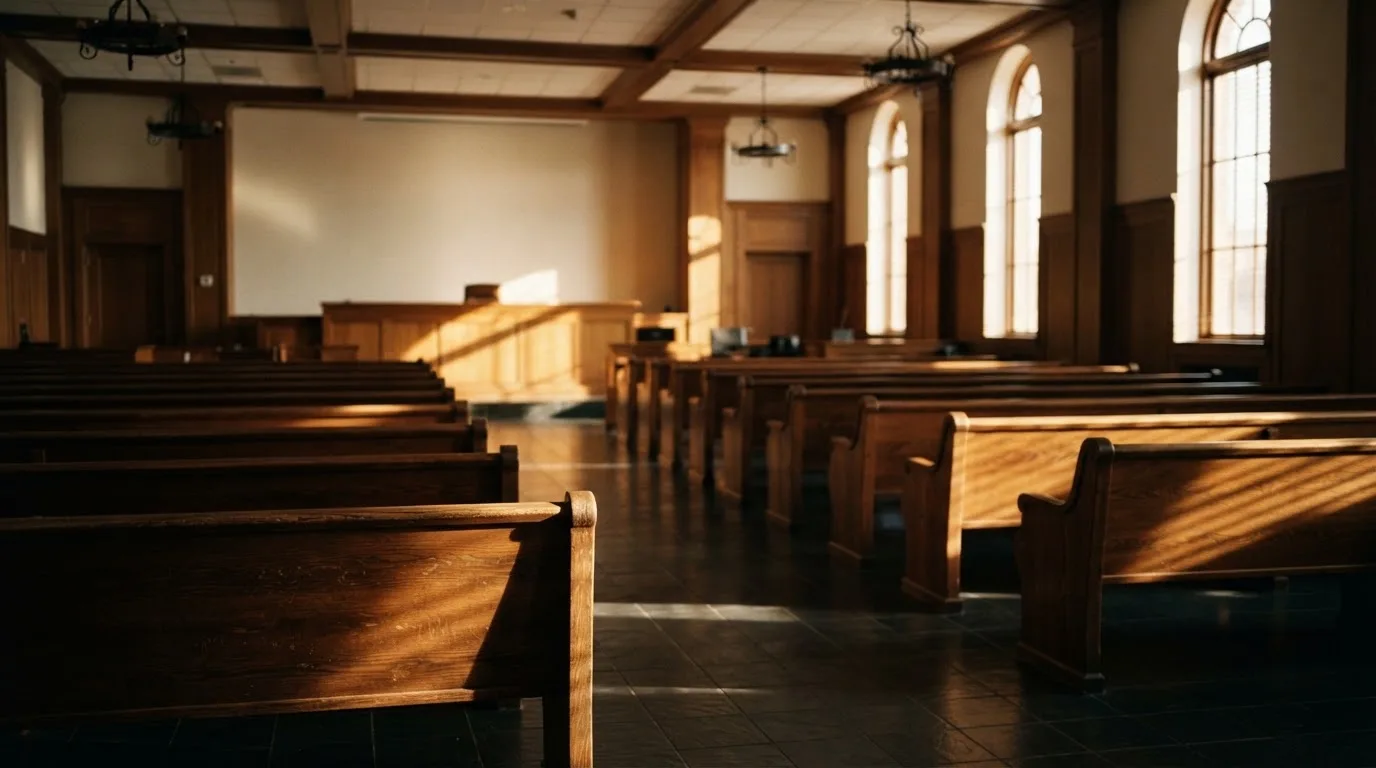 Een lege rechtszaal met houten banken in het ochtendlicht