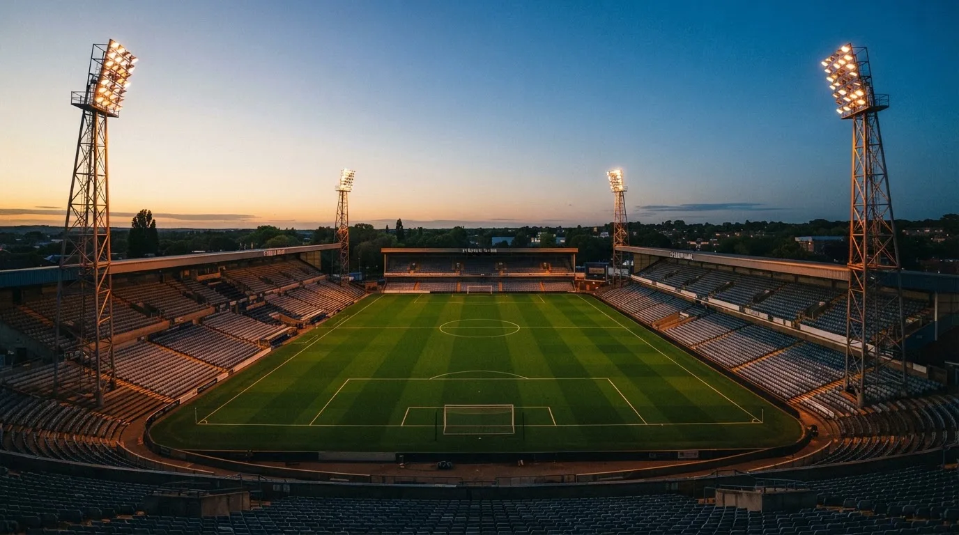 Een leeg voetbalstadion met lichtmasten bij schemering