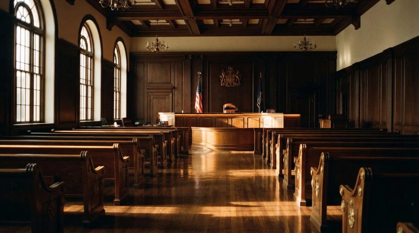 Een lege rechtszaal met houten banken in het ochtendlicht