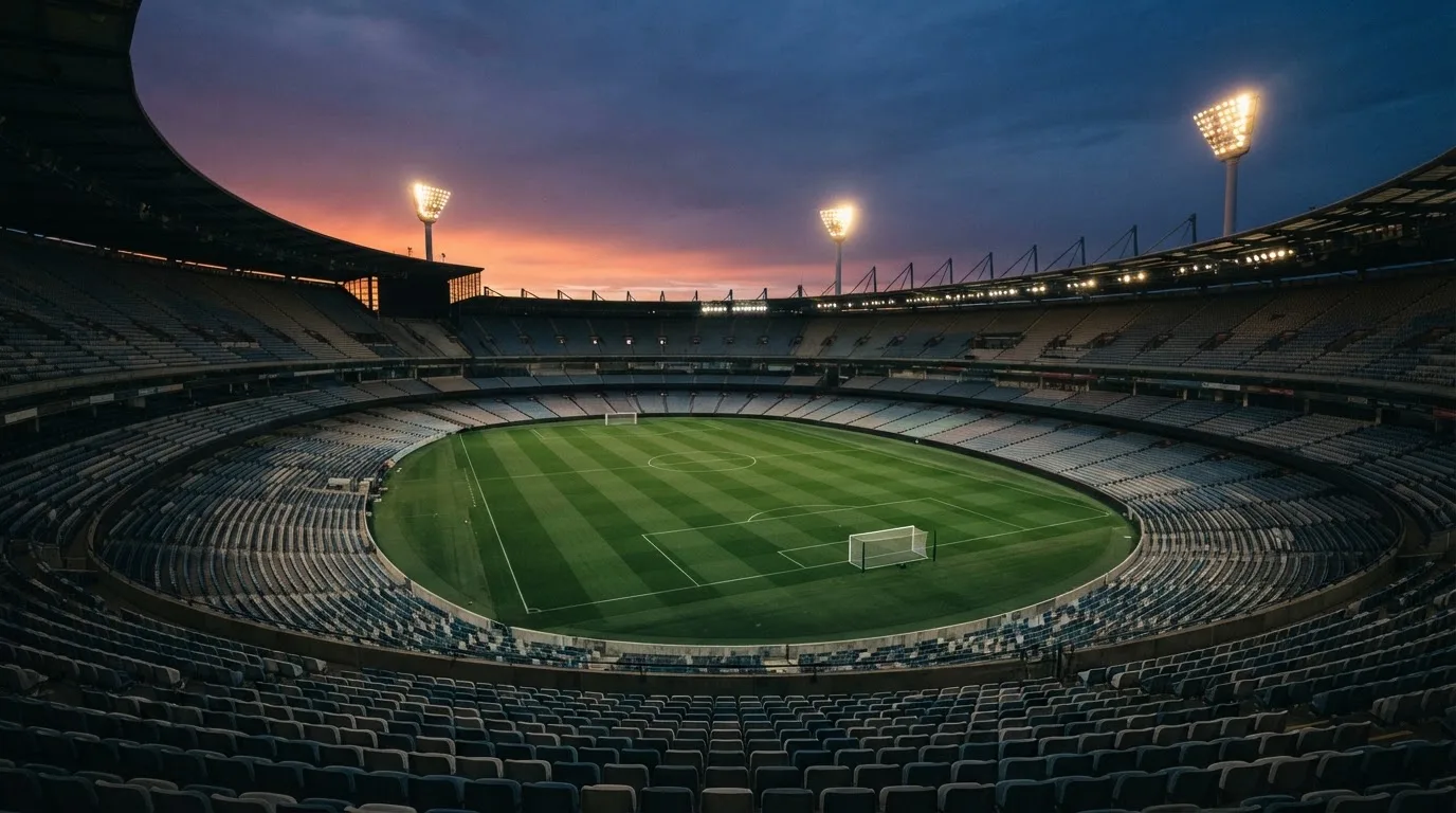 Een leeg voetbalstadion met lichtmasten bij schemering