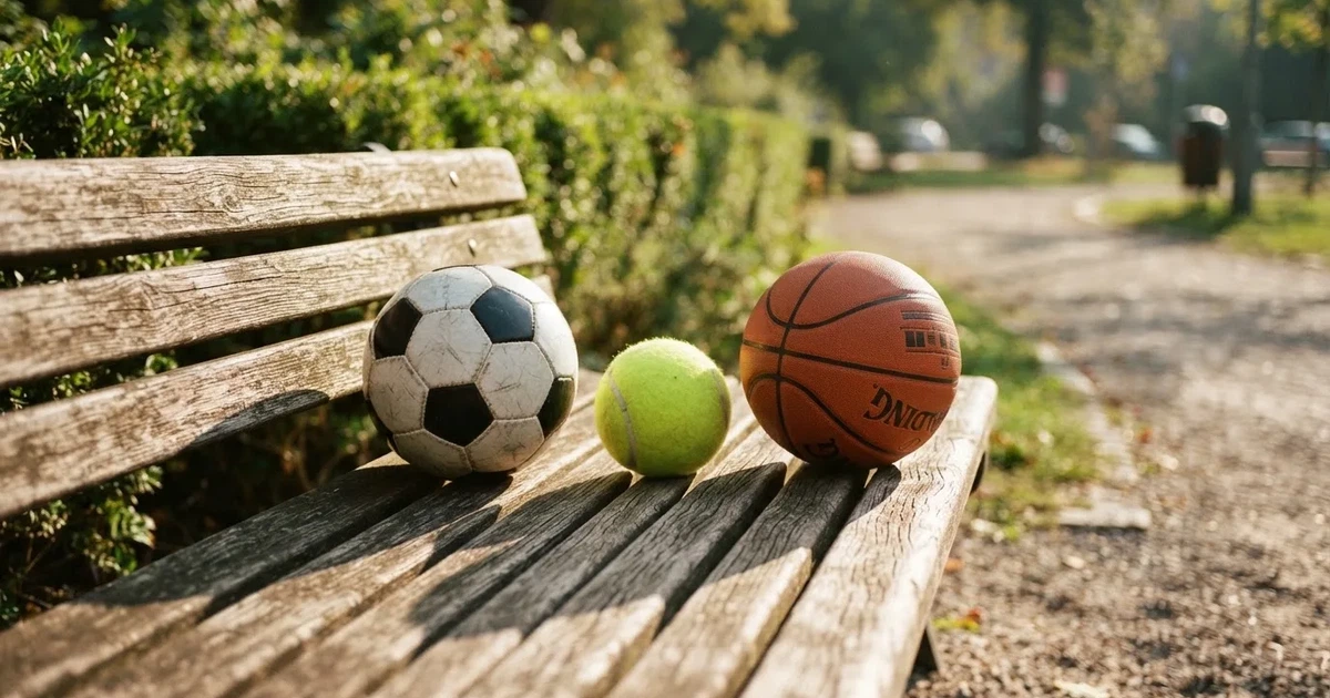 Drie ballen van verschillende soorten naast elkaar op een houten bank