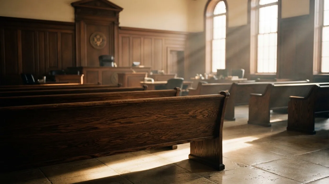 Een lege rechtszaal met houten banken in het ochtendlicht